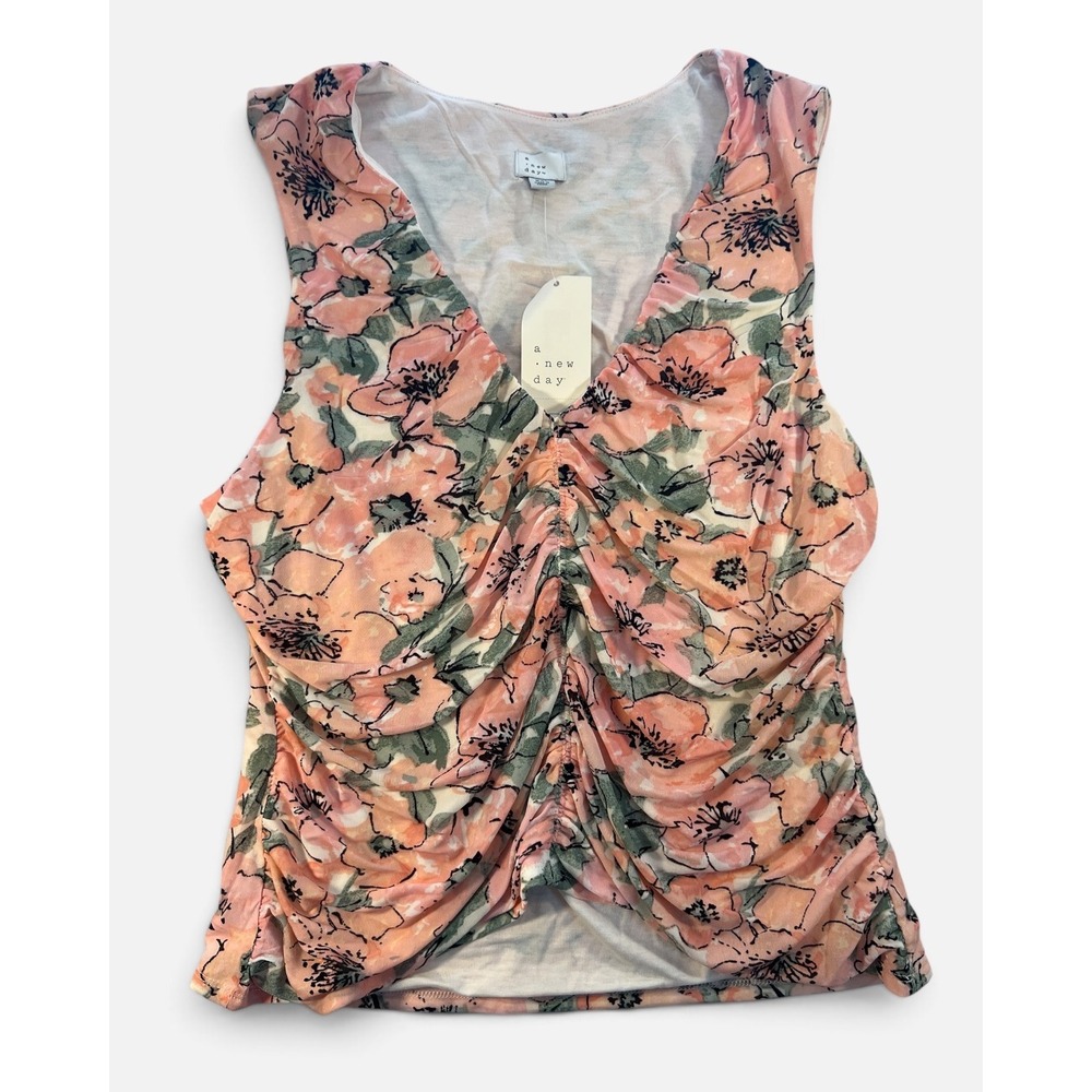 A New Day Women XXL Floral Ruched V-Neck Sleeveless Top Peach Green Pink NWT